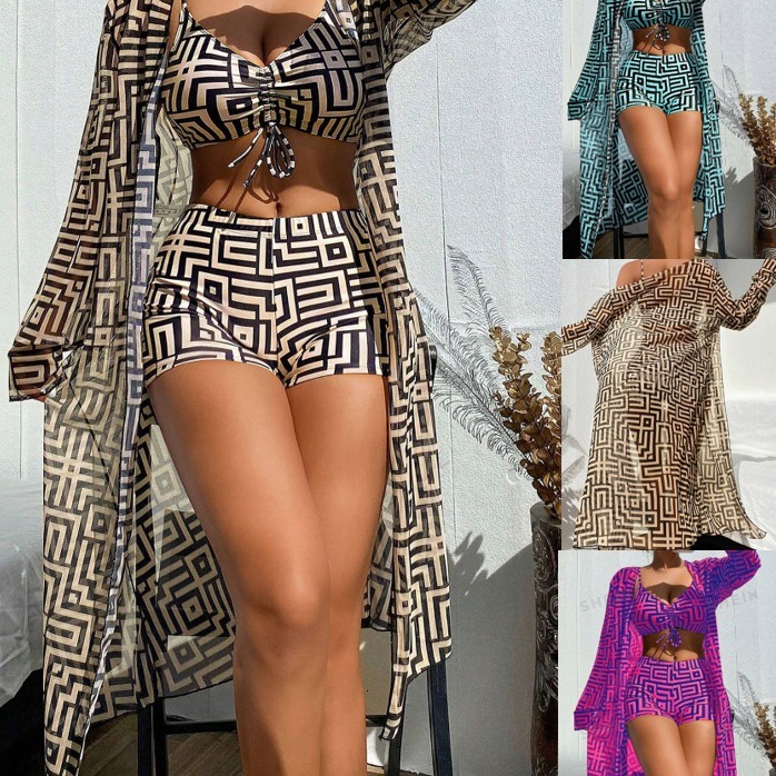 New Womens Split Swimsuit Cover Up Three Piece Set Gathered for Beach High Waisted Flat Angle Pants Swimming