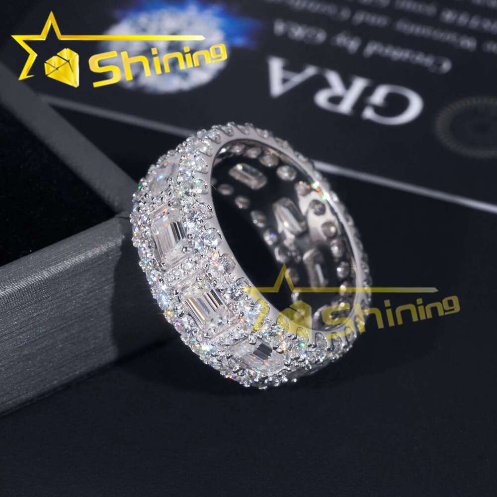 Emerald Cut Moissanite Iced Out Men's Sier Gold Plated Hip Hop Fine Jewelry Men Ring