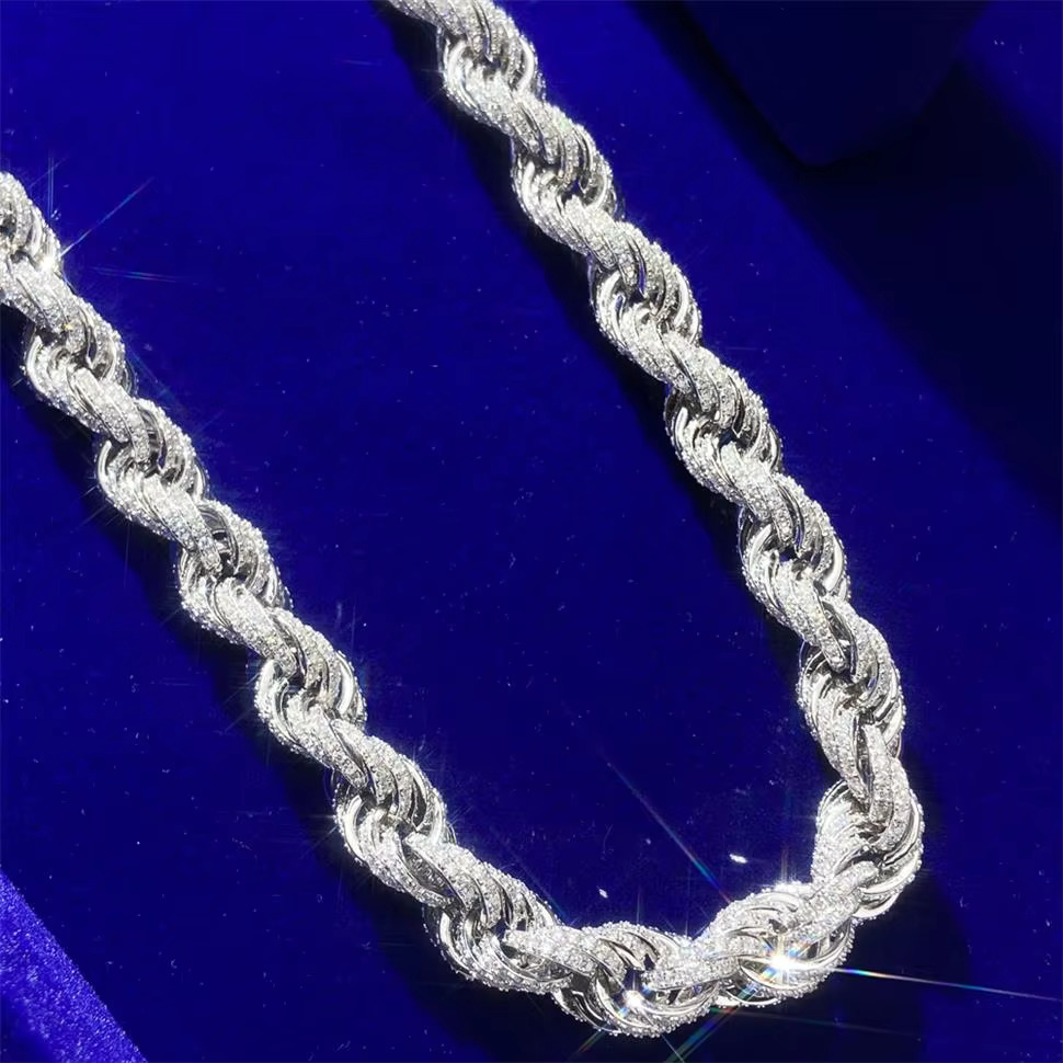 10mm Solid Gold 10k 14k Plated VVS Moissanite Diamond Round Cut Silver Rope Link Chain