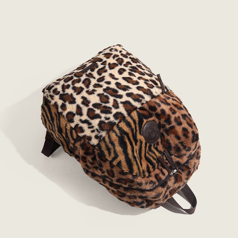 2025S new designer animal leopard print spliced contrasting color plush large capacity versatile travel for male and female students in class backpack