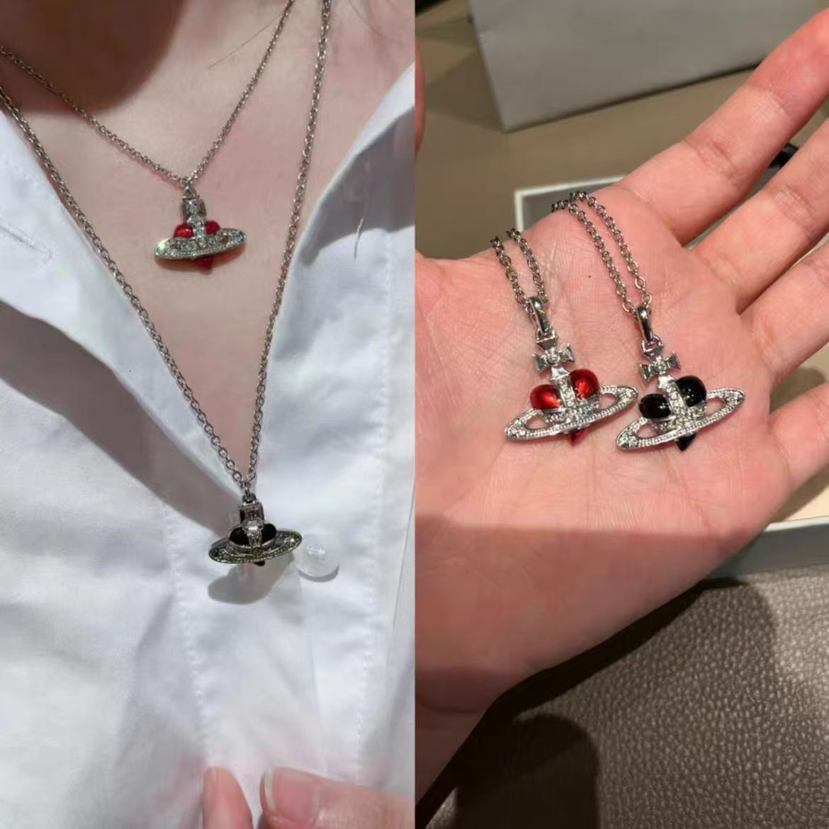 Vivienmes Viviannes Vivienenne Vivvienne High end Dowager enamel crooked love necklace famous peach heart full diamond baked paint Saturn neck westwoods