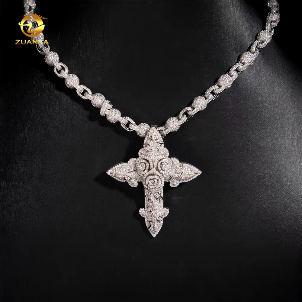 Hip Hop Jewelry Iced Out Luxury Cross Pendant for Cuban Link Chain 925 Silver Moissanite Diamond Charm Pendant