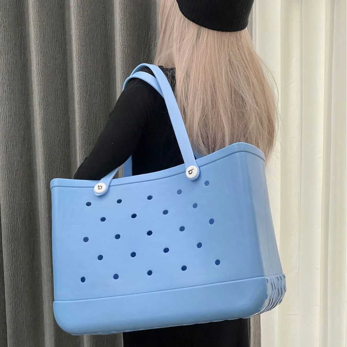 L/XL Beach Bag Rubber EVA Waterproof Storage Basket Extra Large Women Shopping Shoulder Handbag Beach Jelly Sac Tote BagXJ250308