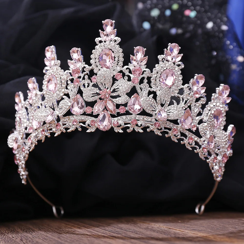 Silver Color Pink Opal Royal Queen Wedding Crown Rhinestone Crystal Bridal Diadem Pageant Headdress Bride Tiara Hair Accessories 250303