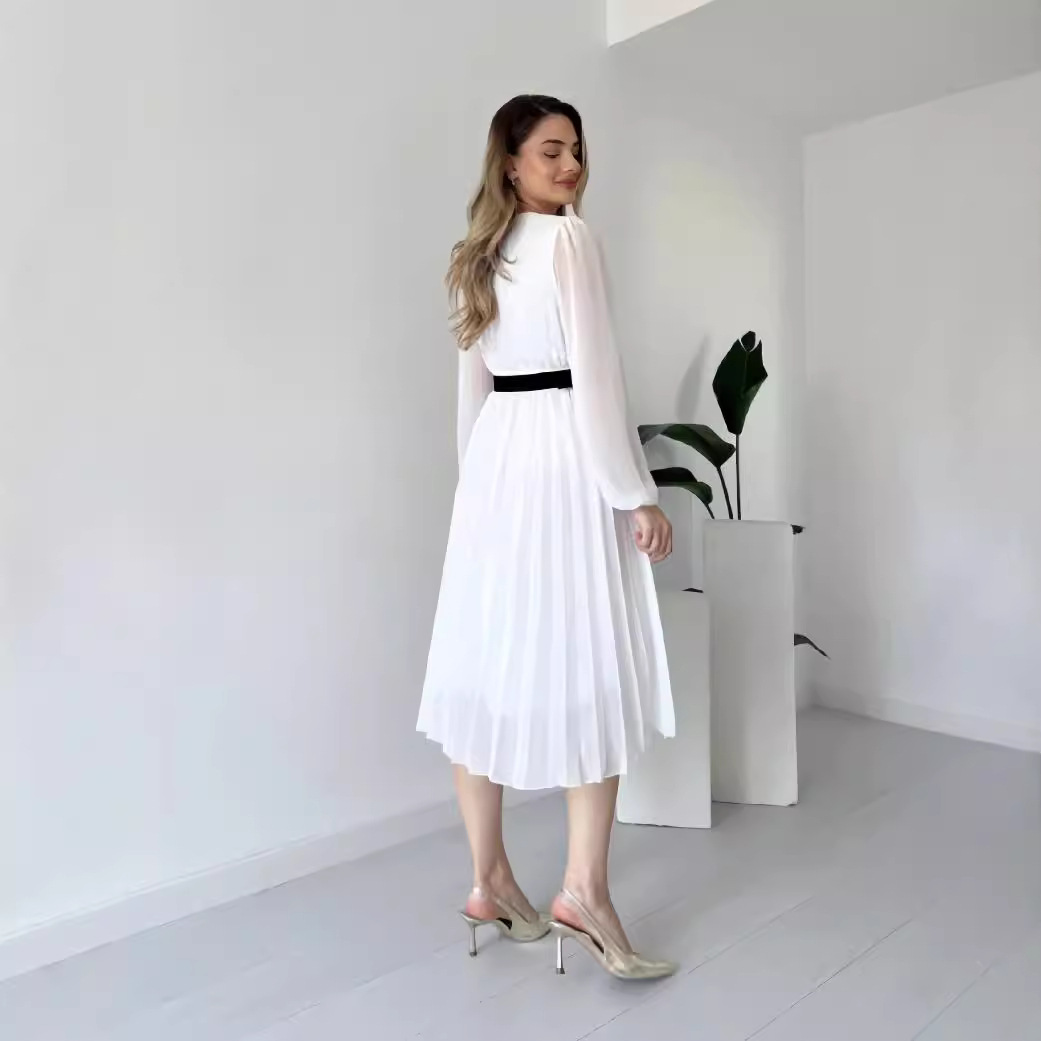 H29220 Women's 2024 Autumn French New Style Solid Color Long Sleeve V-Neck Waist Pleated Temperament Dress