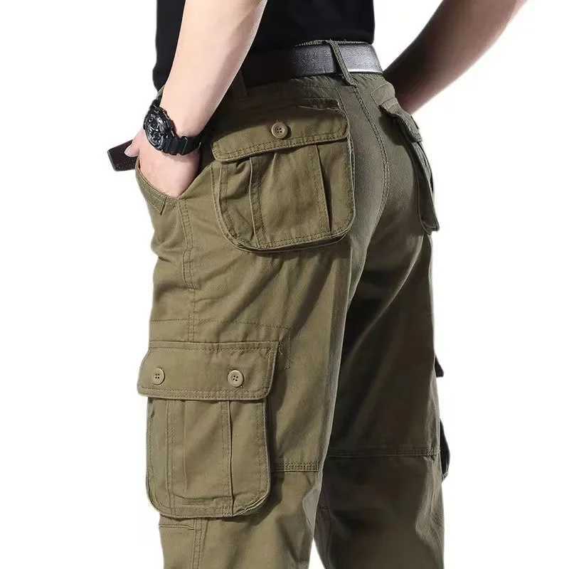 Mens Casual Cotton Cargo Pants Elastic Waist Plus Size Loose Fit Multi-Pocket Construction Work PantsT250308