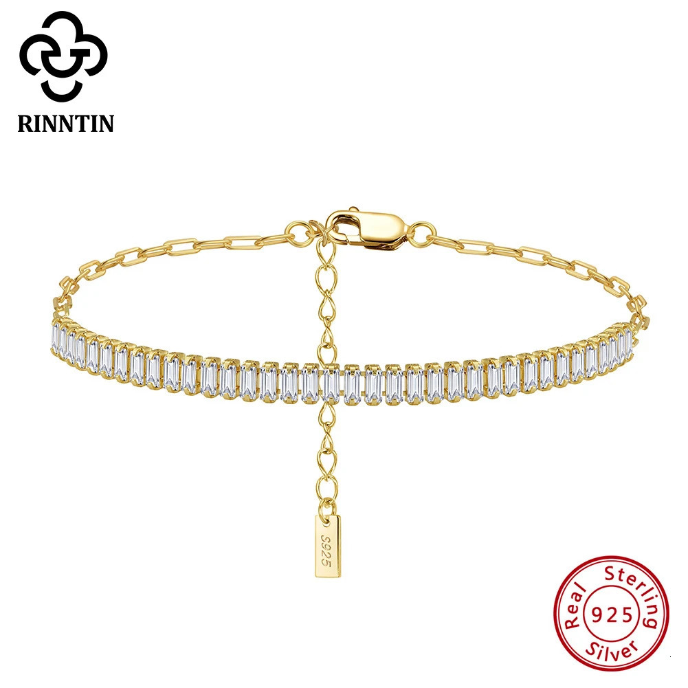 Description 925 Silver Sparkling 3mm Emerald Shape Womens Tennis Zircon Bracelet Original Charm Paperclip Bracelet SB215 250303