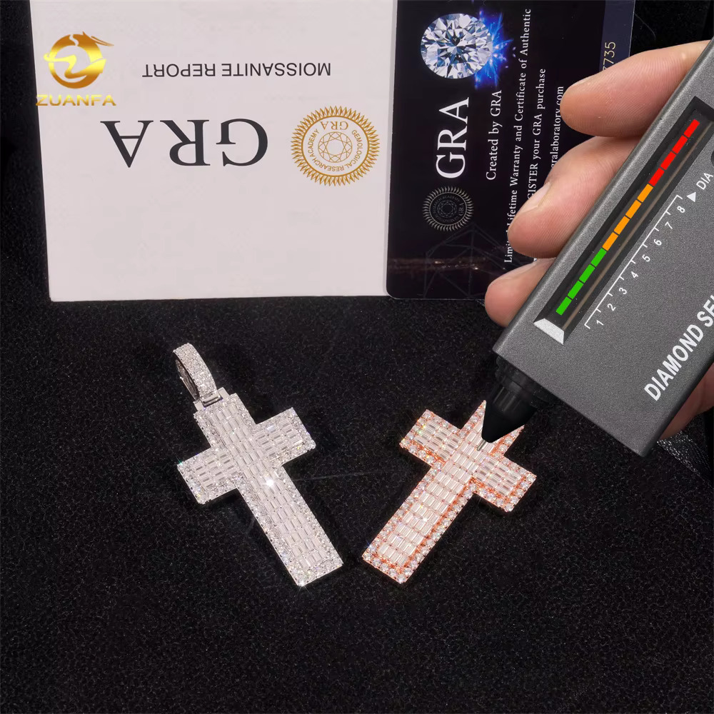 Ready Shipping Hip Hop Jewelry Cross Vvs Moissanite Pendant Silver 925 Iced Out Moissanite Baguette Cross Pendant With Chain