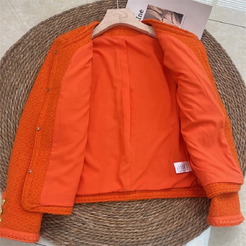Womens short sleeved autumnwinter 2023 orange tweed jacket casual round neck long 250225