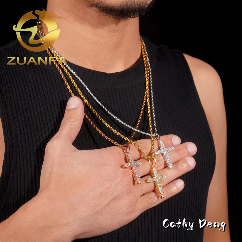 Trendy Hip Hop Jewelry Asscher Cut Moissanite Cross Pendanticed Iced Out Pendant Silver 925 Moissanite Charm Cross Pendant