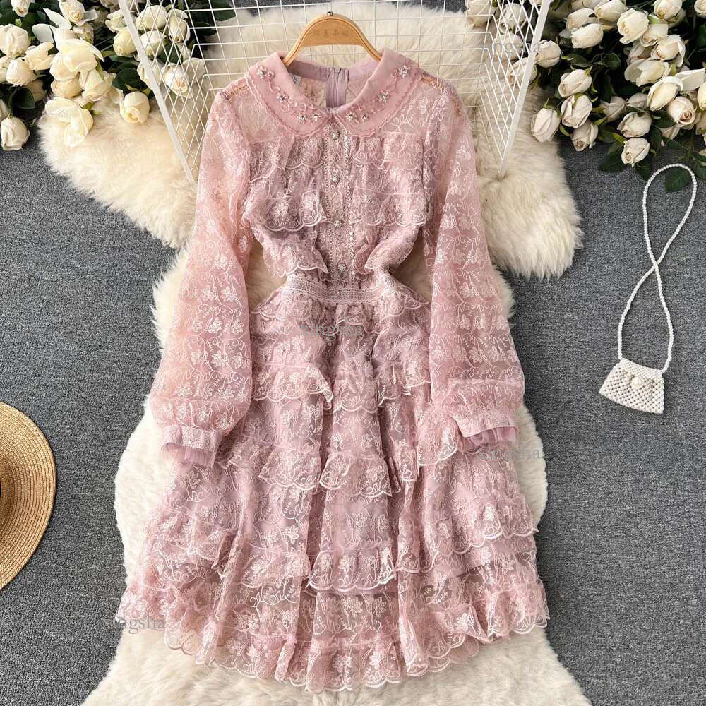 Basic Casual Dresses High Quality Gorgeous Flower Embroidery Dress Women Autumn Long Sleeve Beading Layer Cake Sweet Girls Cascading Ruffles Vestido