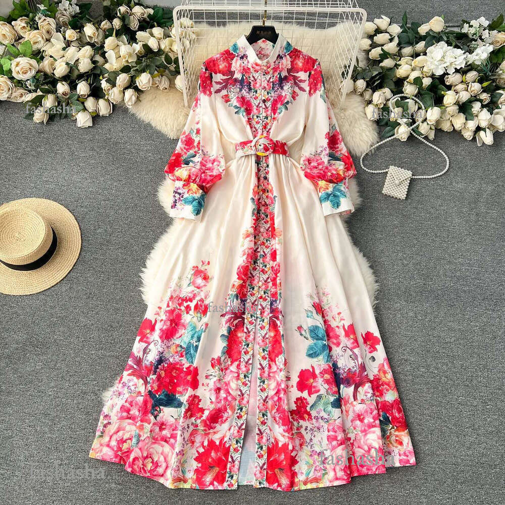Basic Casual Women Dresses 2024 Fashion Holiday Gorgeous Flower Maxi Dress Womens Stand Long Lantern Sleeve Linen Floral Print Sashes Boho