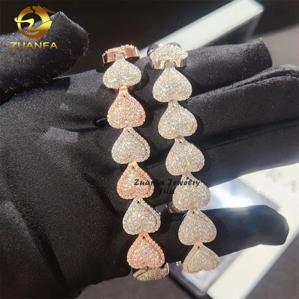 Fine Jewelry Hip Hop Heart Moissanite Diamond 13mm Silver Mixed Rose Gold Cuban Link Chain Bracelet