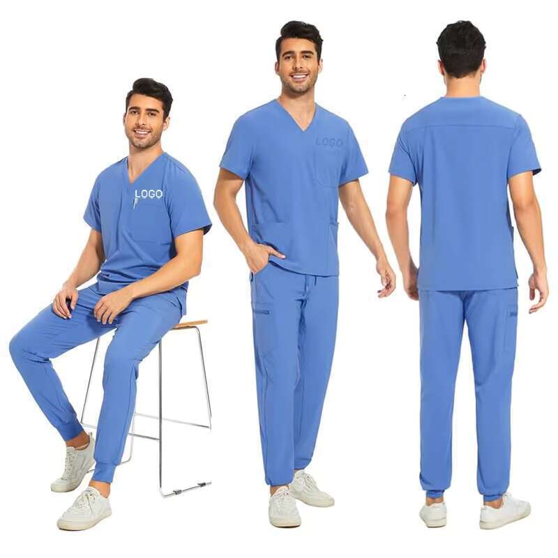 Anti-Wrinkle Stretch Men Nursing Medical Scrubs Uniform Set V-Neck Scrub Top and Yoga Waistband Jogger Pant With 8 Pockets