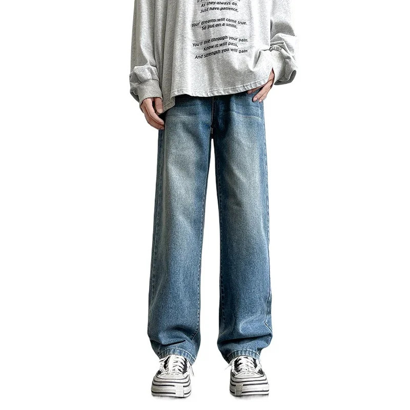 2025 Korean style mens casual long jeans classic straight denim wide leg pants solid color light blue gray up to 3XL y250305