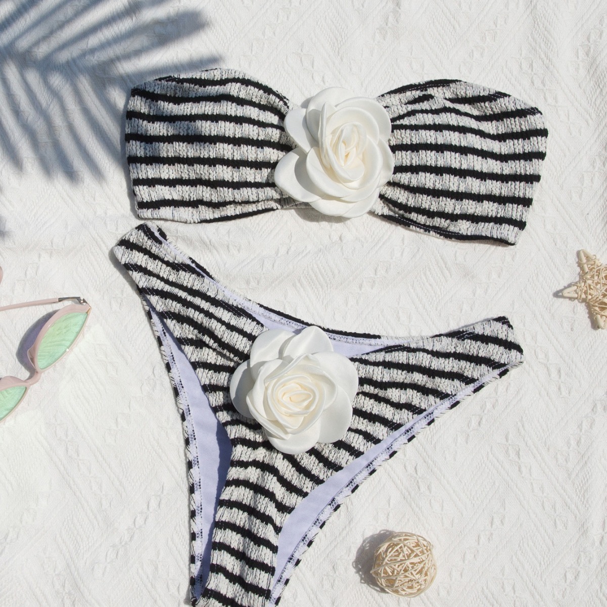 New Fashion Womens Split Strapless Bikini Three-dimensional Flower Swimsuit