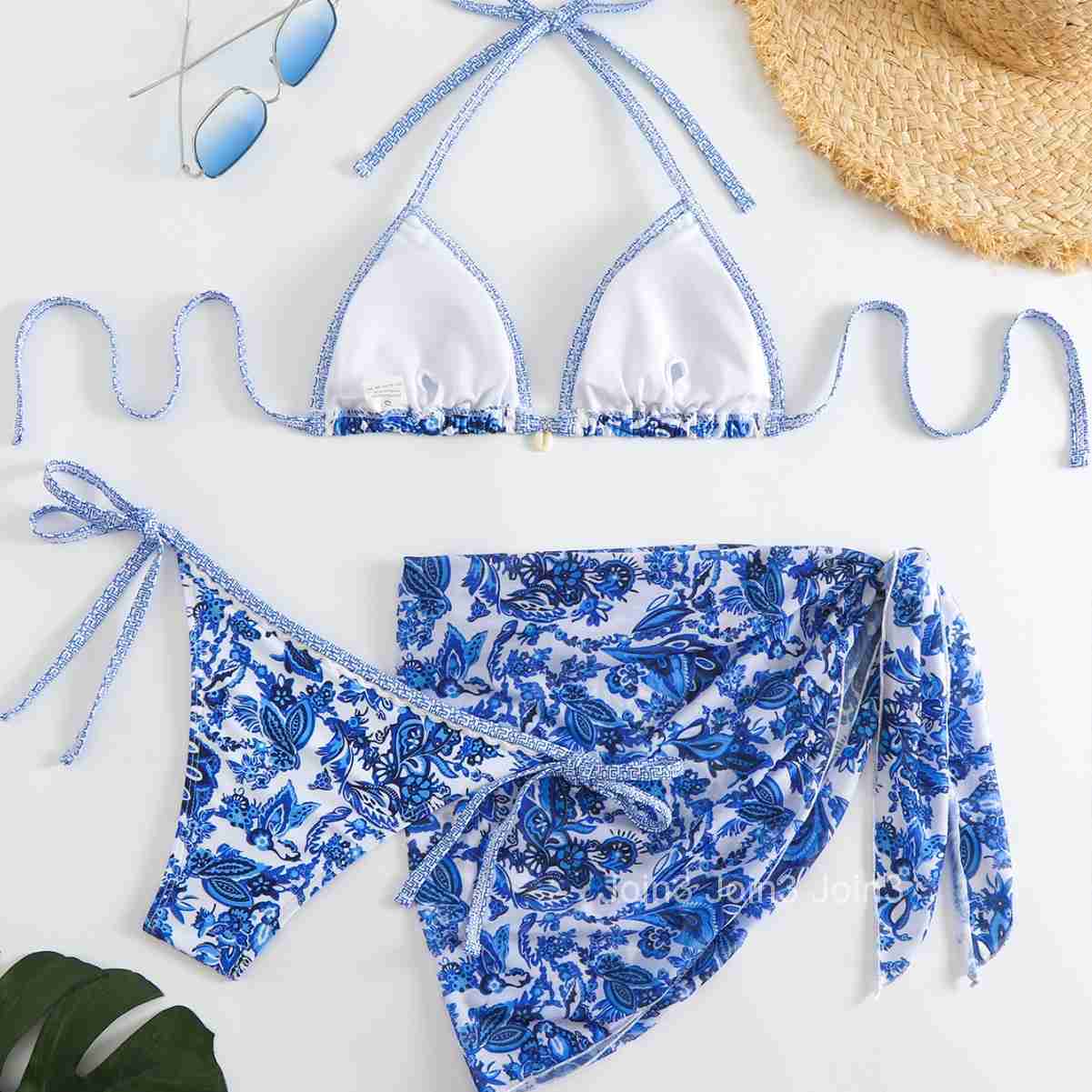 New Printed Mesh Three Piece Split Swimsuit Fashion Shell Accessories Bikini