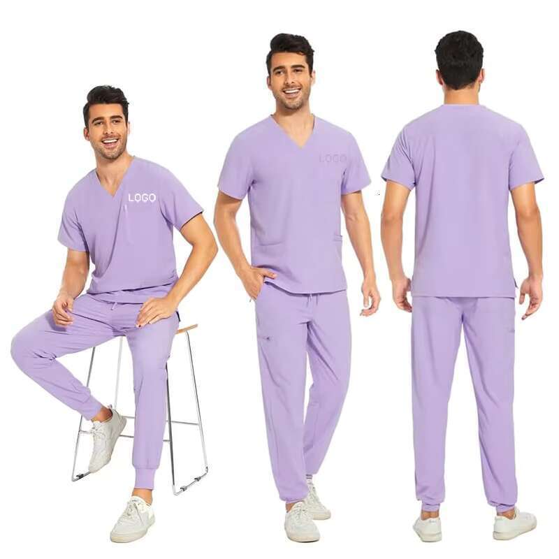 Anti-Wrinkle Stretch Men Nursing Medical Scrubs Uniform Set V-Neck Scrub Top and Yoga Waistband Jogger Pant With 8 Pockets