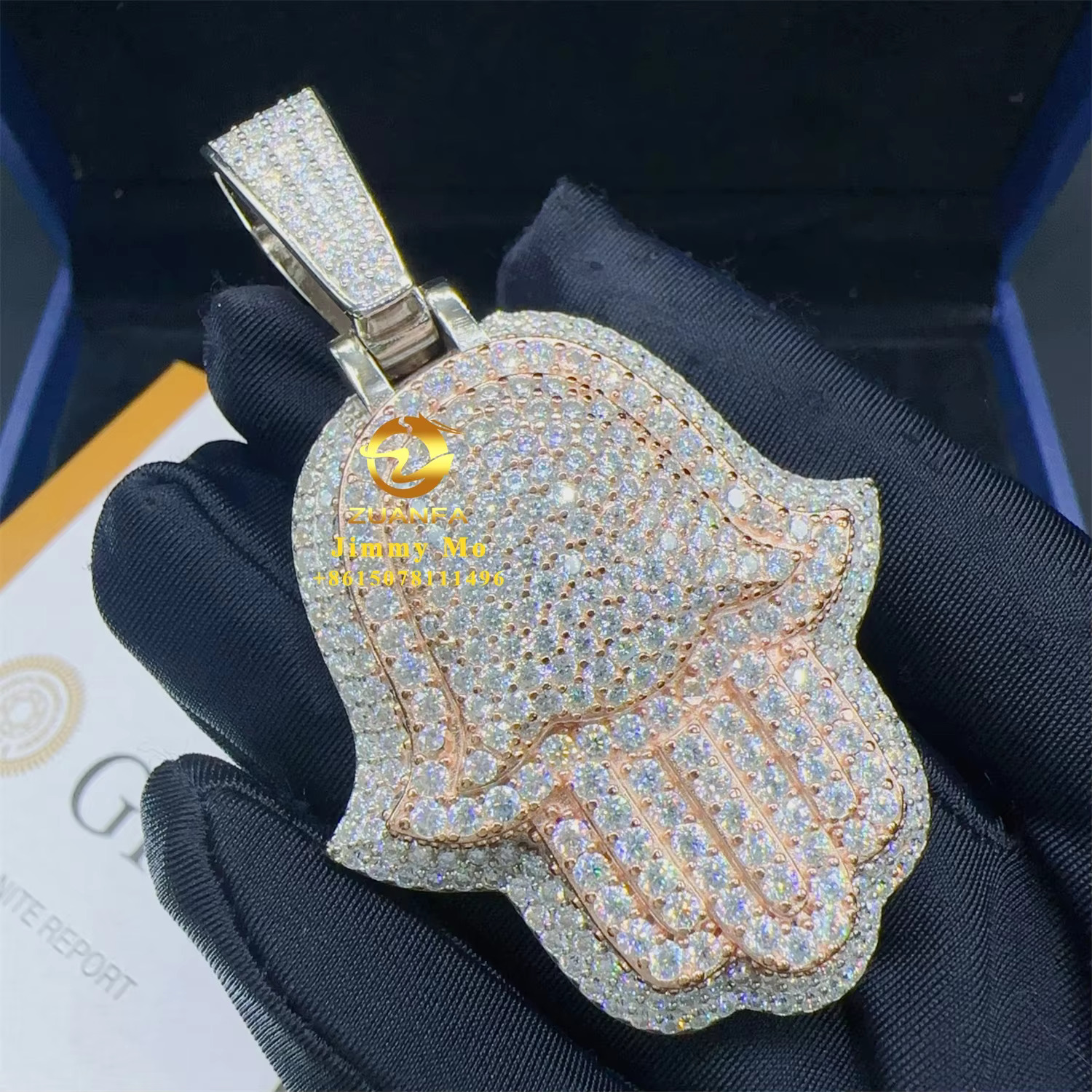 New Design Iced Out Shining Jewelry Hip Hop Pendant 925 Silver Two Tone White+Rose VVS1 Moissanite Diamond Hamsa Pendant