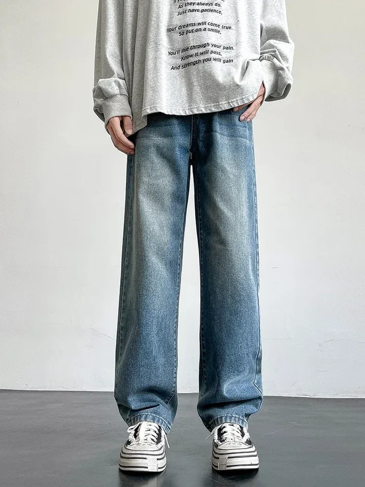 2025 Korean style mens casual long jeans classic straight denim wide leg pants solid color light blue gray up to 3XL y250305