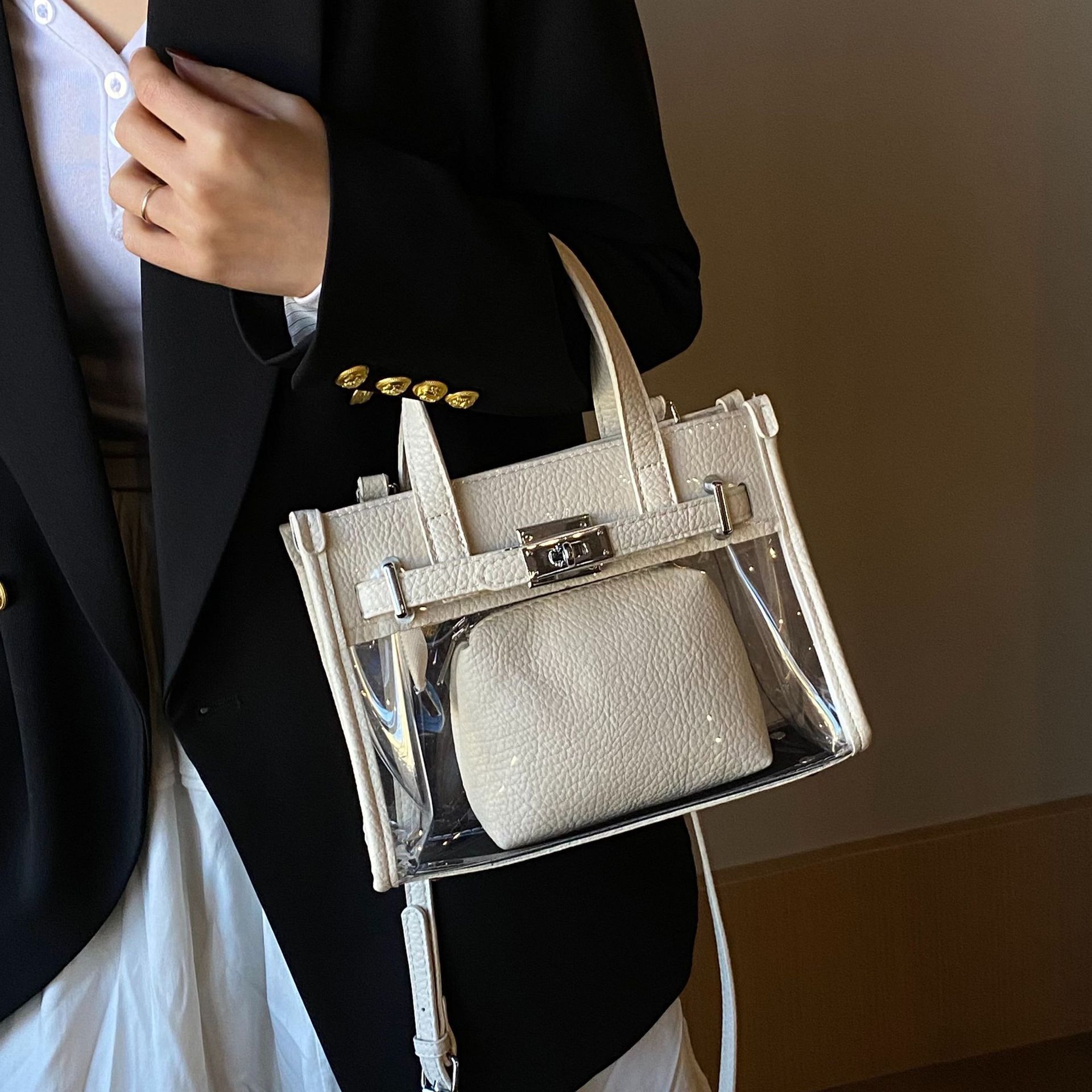 Trendy Transparent Niche Splicing Tote Bag With Hand-held Bag Inside Fashionable Designer 2025S New Spring And Summer High end Single Shoulder Crossbo