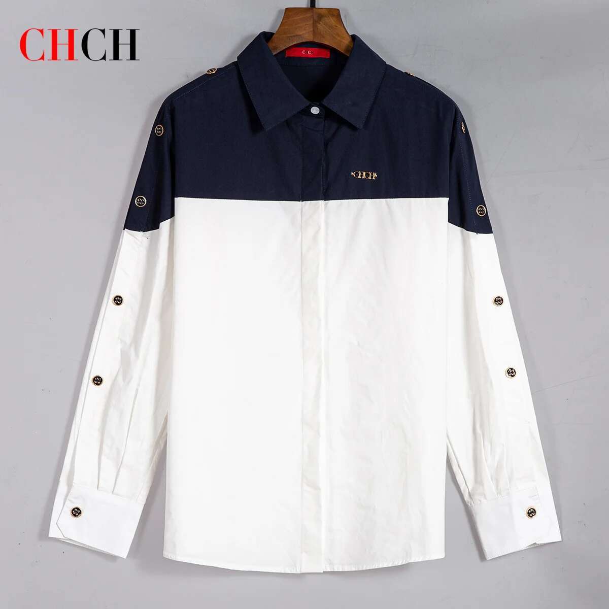 CHCH 2025 New High Quality Splicing Color Contrasting Long Sleeve Business Shirt Commuter Women's Wear