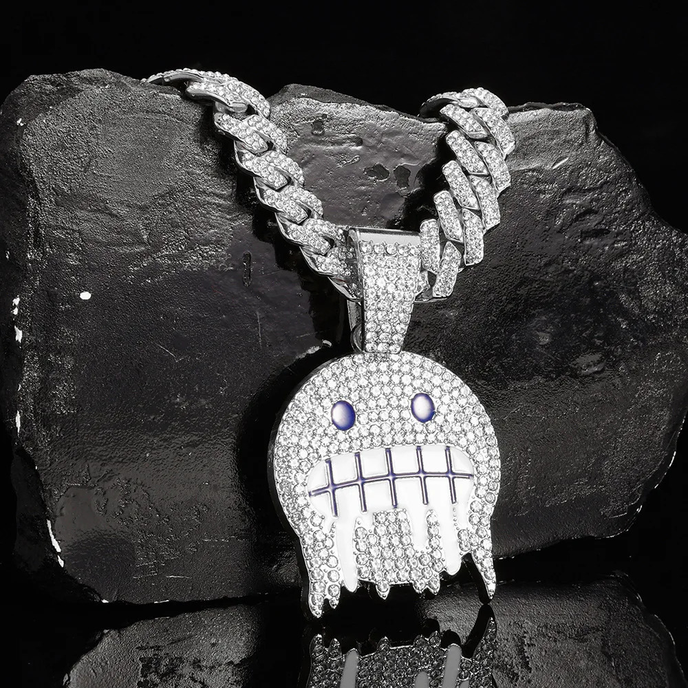 Men White Blue Cubic Zirconia Paved Hip Hop Round Face Pendants Necklaces with Cuban Chain Iced Out Bling CZ Fashion Boy Jewelry 250227