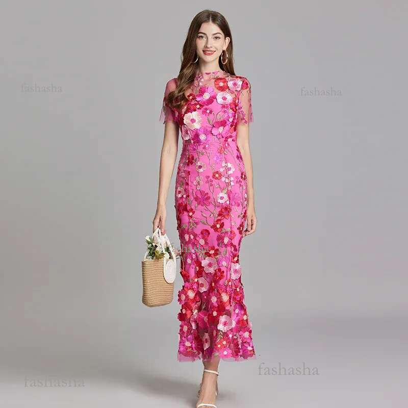 Basic Casual Dresses Summer Embroidery Lace Prom Dress Women French Luxury 3D Flower Fishtail Short Sleeve Long Dresses Party Bodycon Holiday Vestido