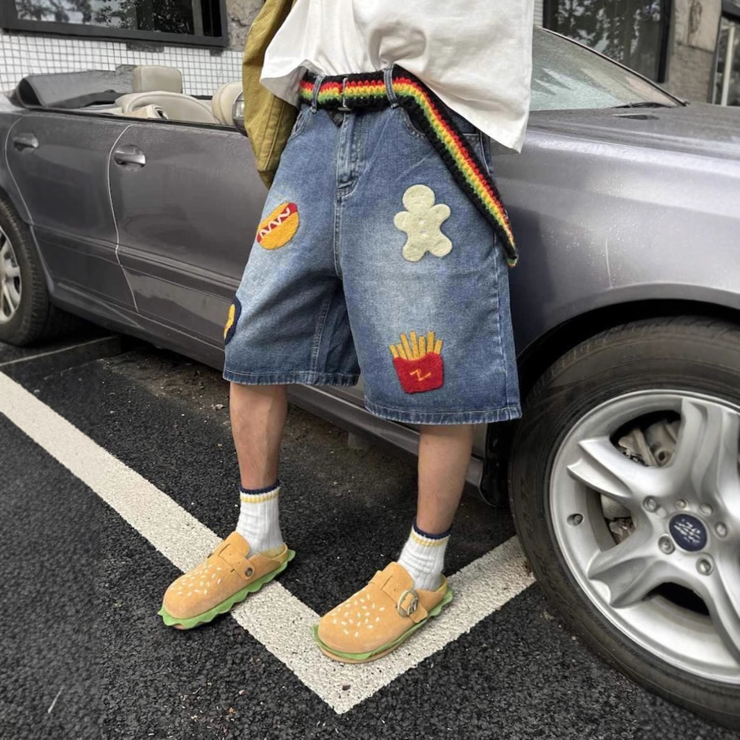 American Street Harajuku Retro Denim Shorts with Letter Embroidery Oversized Jeans Men Y2k Loose Casual Versatile Shorts Women 240701