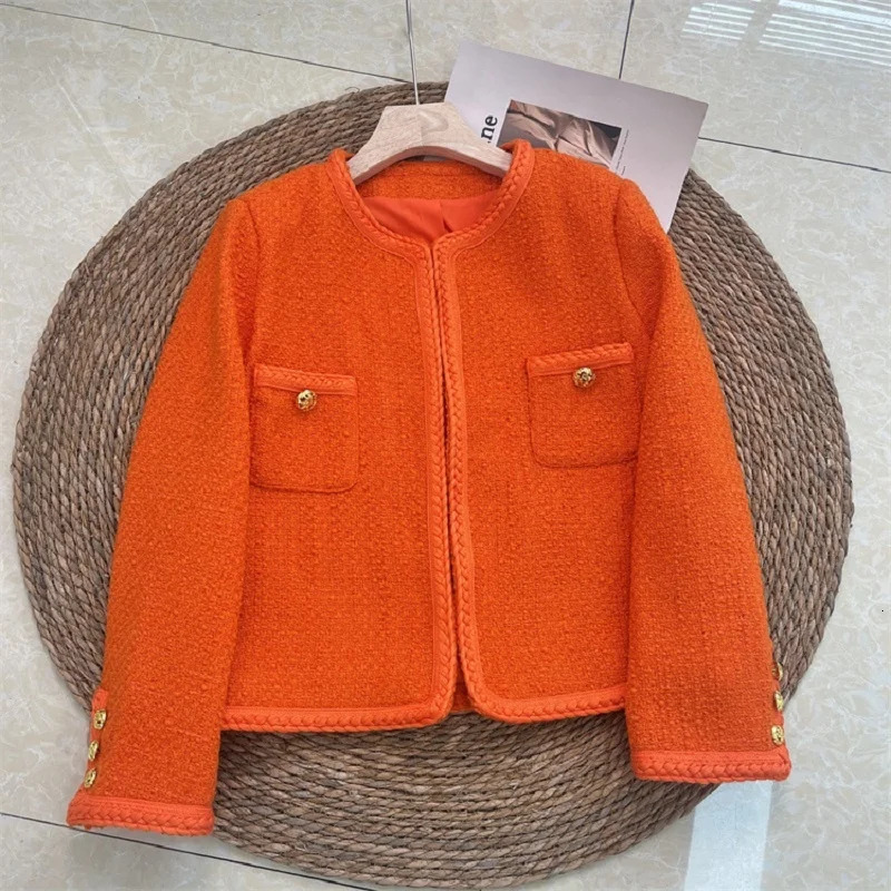 Womens short sleeved autumnwinter 2023 orange tweed jacket casual round neck long 250225
