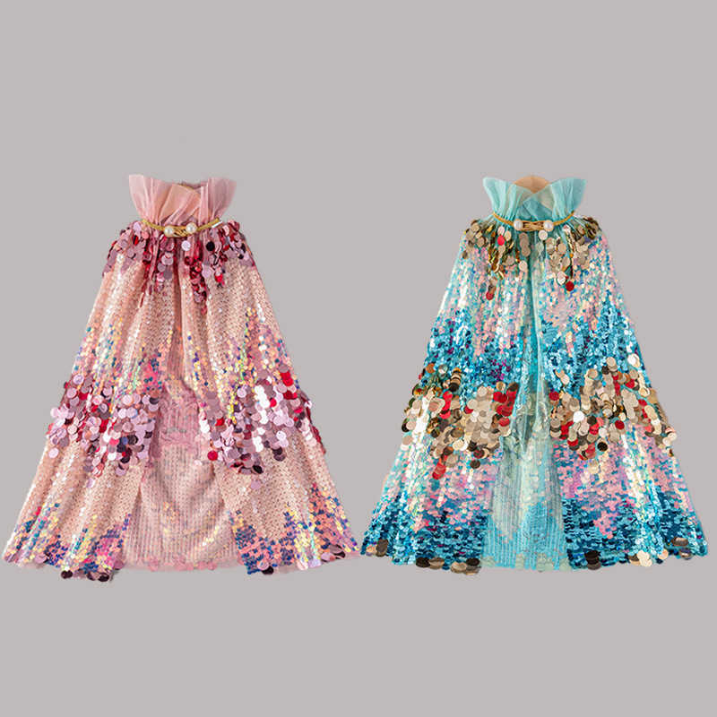 Girl's Dresses Shining Bead 2025 New Girl Mermaid Cloak Cute Princess Long Sparkling Cloak for Women Y2503074F4G