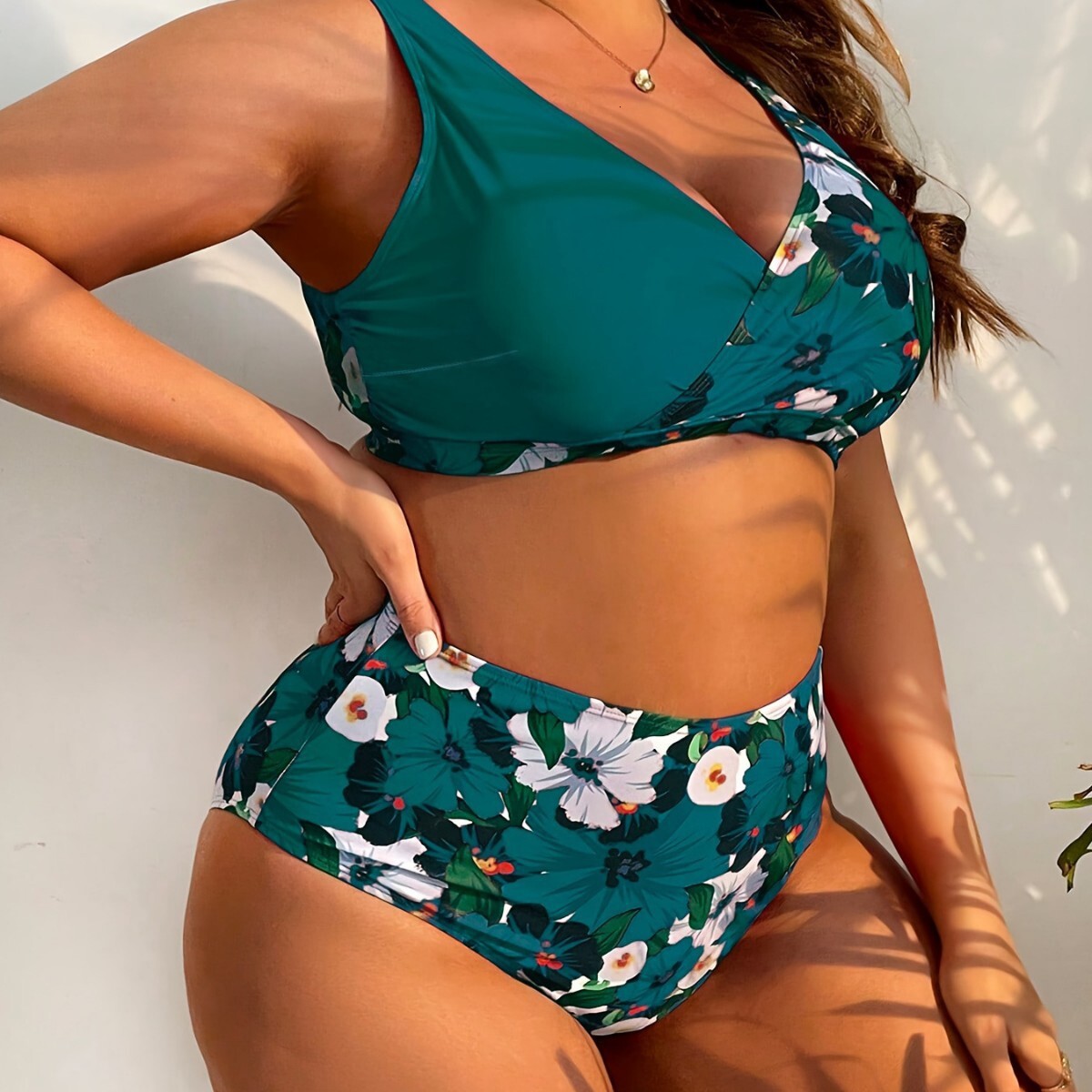 New Plus Size Digital Print Gathers Fashion able Womens Split Bikini Swimsuit