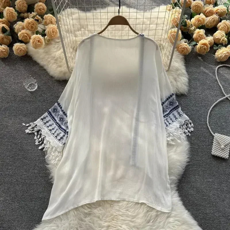 Summer Bohemian Cover Up Poncho Women Pareo Beach Kimono Long Fashion Embroidery Cardigan Tassel Chiffon Shirt ED1881 250305