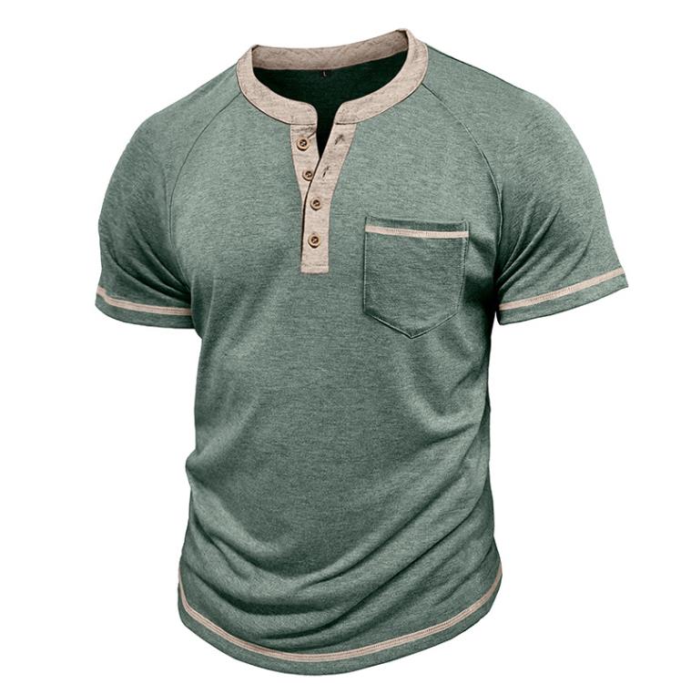 Summer Men's Short-sleeved Henry Shirt Buttons Retro T-shirt Color Matching T-shirts Polos Clothes Male Pullovers Tops Tees White Grey XXXL