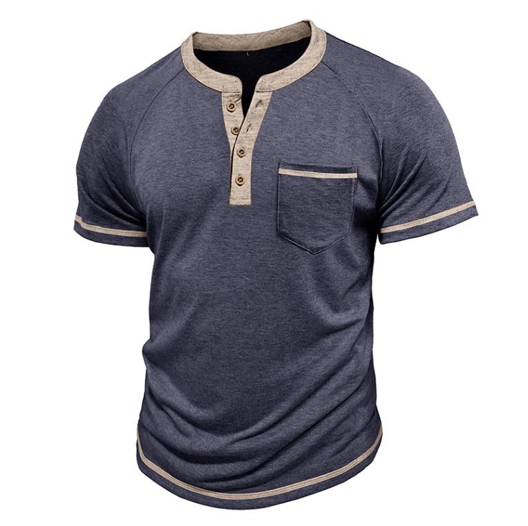 Summer Men's Short-sleeved Henry Shirt Buttons Retro T-shirt Color Matching T-shirts Polos Clothes Male Pullovers Tops Tees White Grey XXXL