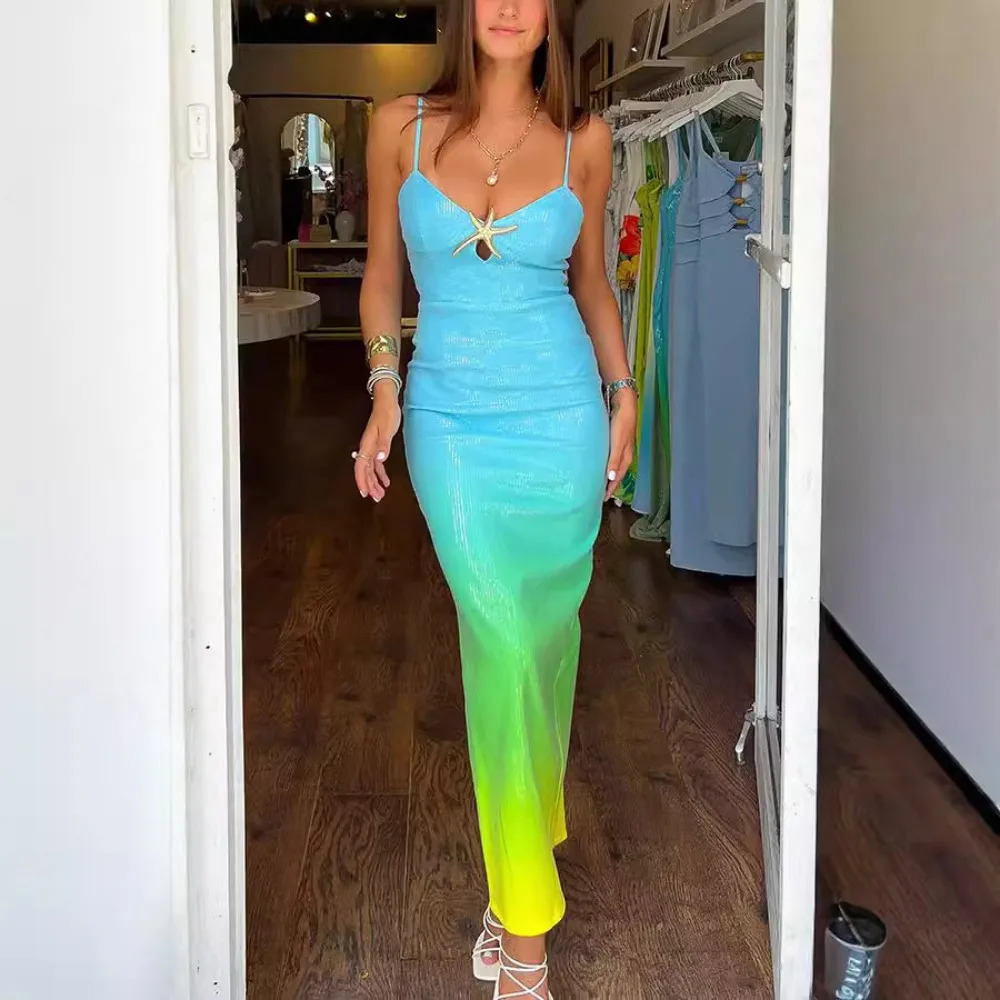 Graduate student changes color hover dress spring/summer hover sequin printed dress INS casual party womens clothing 250306