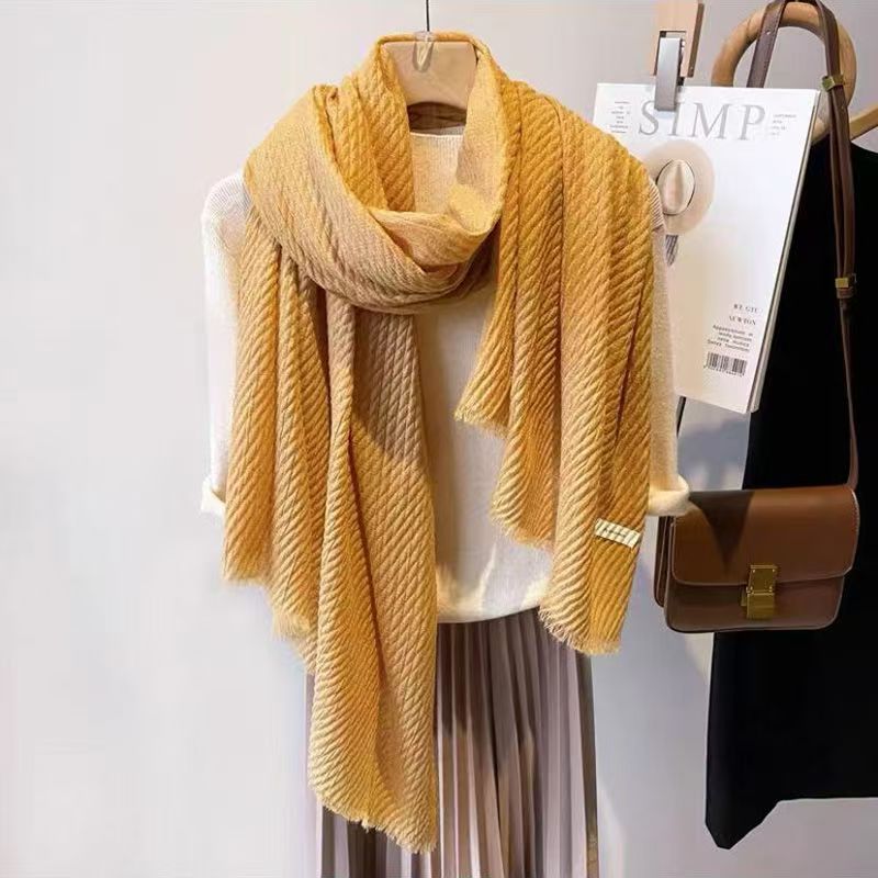 T245 autumn and winter new pleated scarf for women, simple and versatile, solid color, rough edge style, winter neck protection and warmth