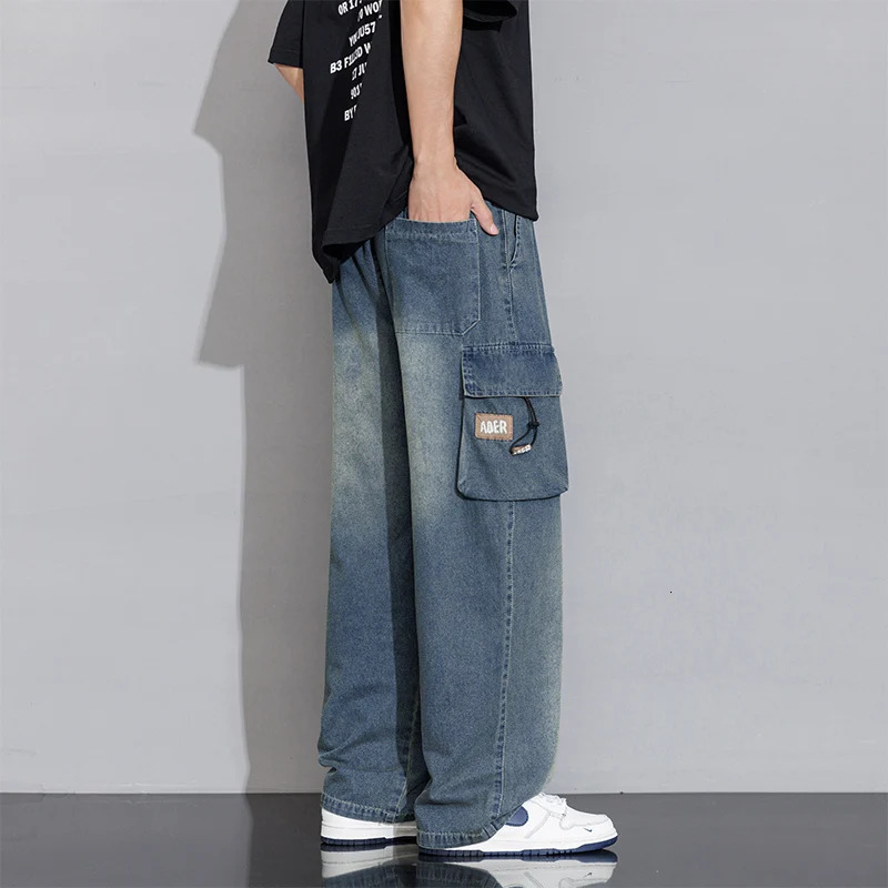 Spring Summer Casual Cargo Washed Cotton Straight Jeans for Men Clothing Big Pockets Drawstring Men Pants YBJYF-2565 250306