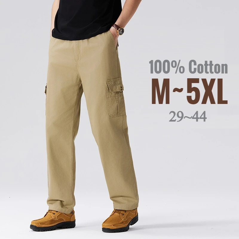 100 Cotton Mens Cargo Pants Straight Fit Loose Work Trouser Male Spring Summer High Waist Big Size Large Plus Elastic Pocket 250305Z