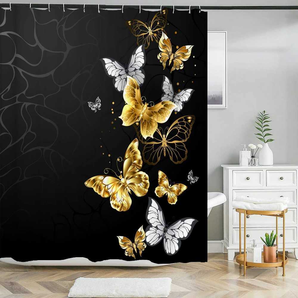 Waterproof Shower Curtain Sets with Rugs Golden Butterfly Print Bath Rug and Mats with Hooks Toilet Seat Cover Bathroom DecorT250306