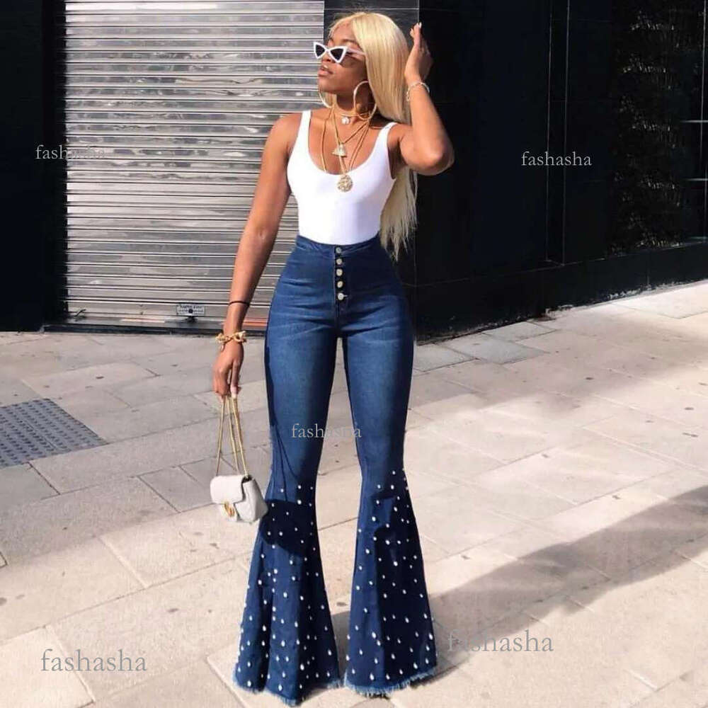 Fashion Elastic High Waist Denim Flare Pants Women Retro Diamonds Jeans Wide Leg Trousers Lady Casual Bell-Bottoms Fla