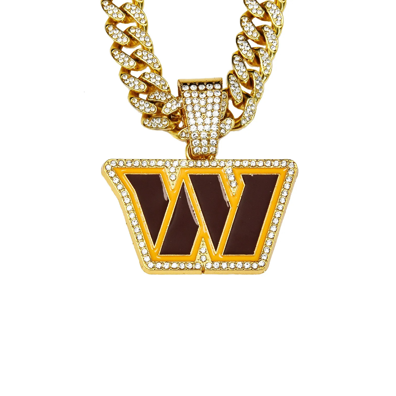 ULJ Hip Hop Bling W Letter Pendant Chain Necklace With Cuban Miami Iced out Bling Football Jewelry 250227