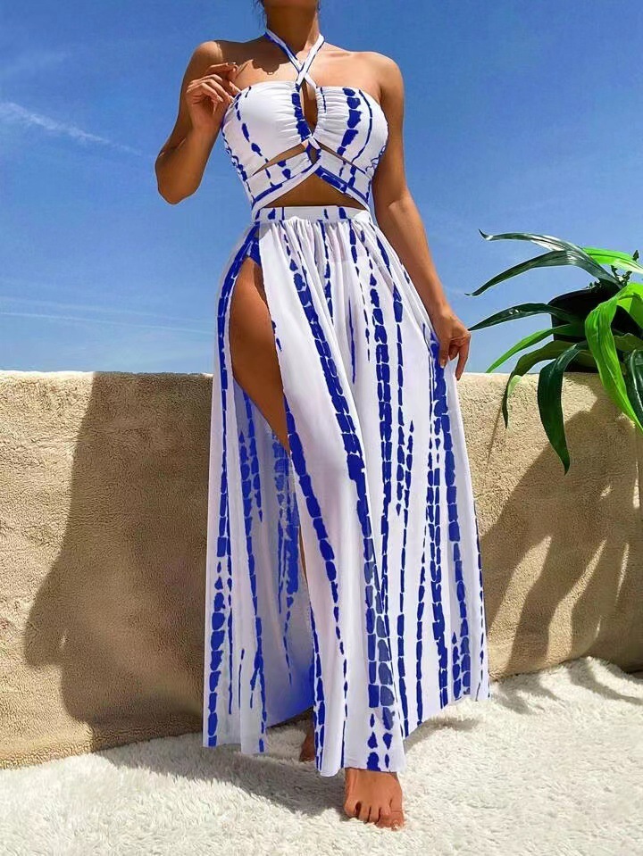 New Split Bikini Swimsuit Cross Tie Fashion Sunscreen Yarn Skirt Beach Resort Hot Spring Swimsuit