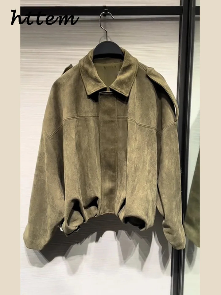 Street Womens Suede Bomber Jacket Fashion Lapel Zipper Full Sleeve Female Coats Spring Lady Casual Commute Vintage Outwear 250306