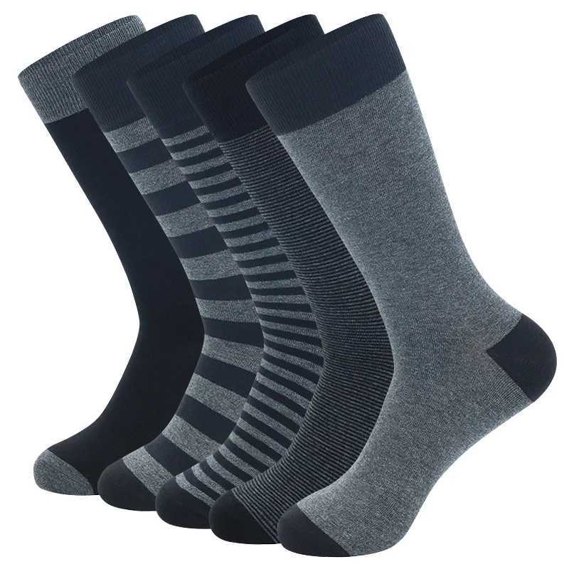 5 Pairs Large Size Fashion Business Men Dress Socks High Quality Stripe Black Gray Pure Men Cotton Socks Size EU41-48T250307