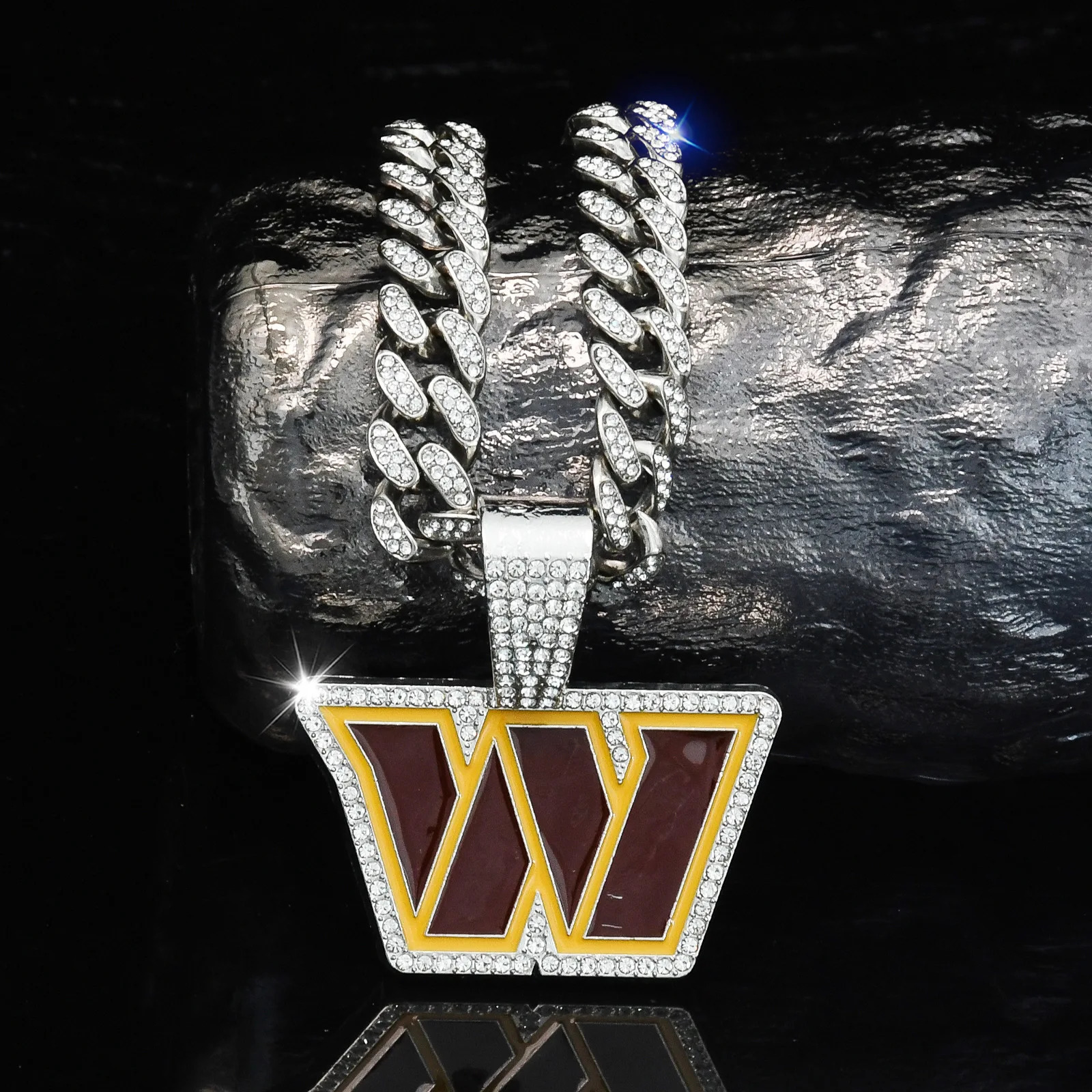 ULJ Hip Hop Bling W Letter Pendant Chain Necklace With Cuban Miami Iced out Bling Football Jewelry 250227