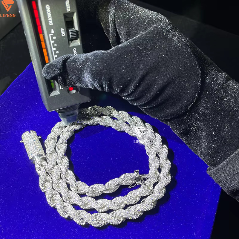 Hot Sale 8mm Iced Out VVS Moissanite Rope Chain Necklace White Gold Ready to Ship 925 Silver Rope Chain Fine Diamond Necklace