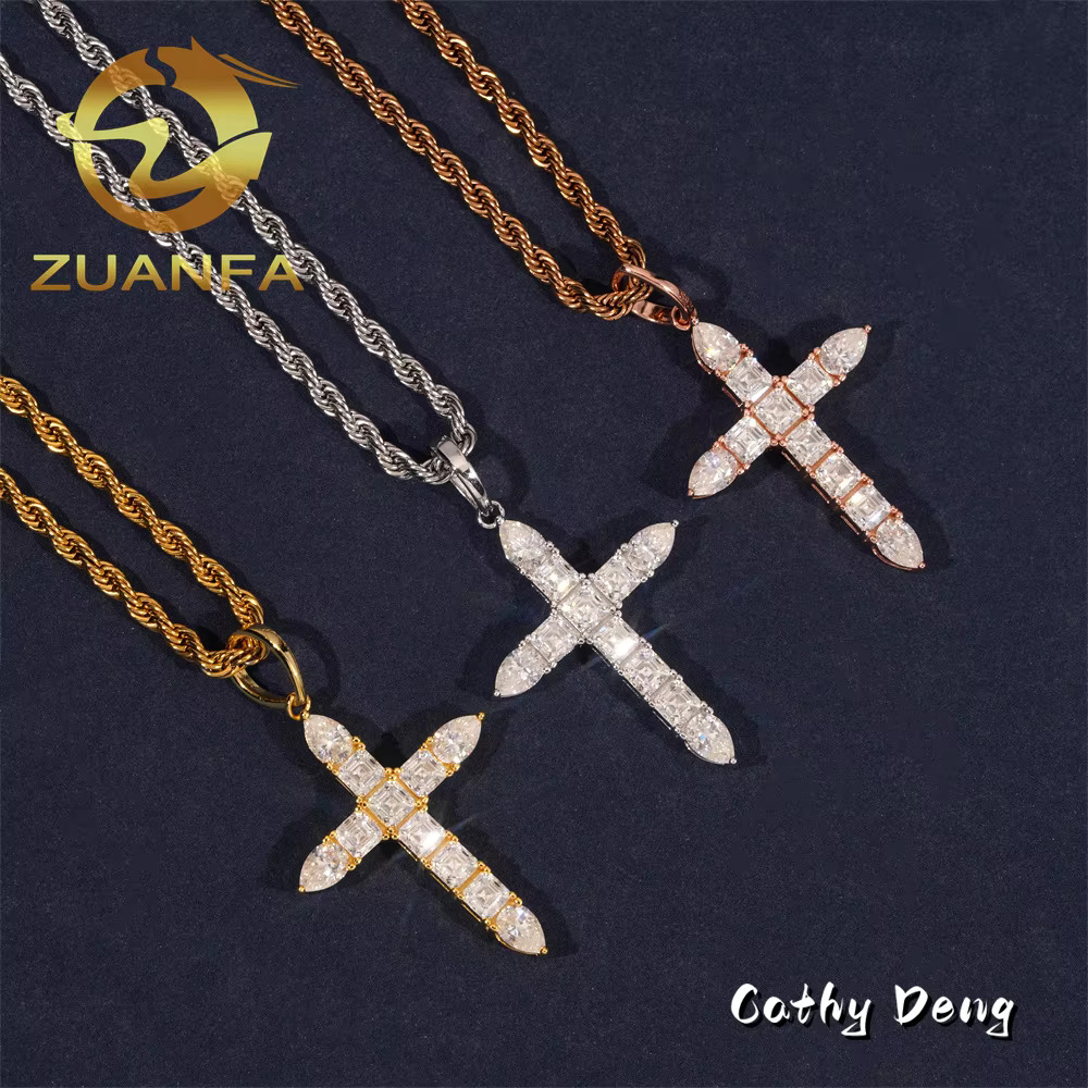 Trendy Hip Hop Jewelry Asscher Cut Moissanite Cross Pendanticed Iced Out Pendant Silver 925 Moissanite Charm Cross Pendant