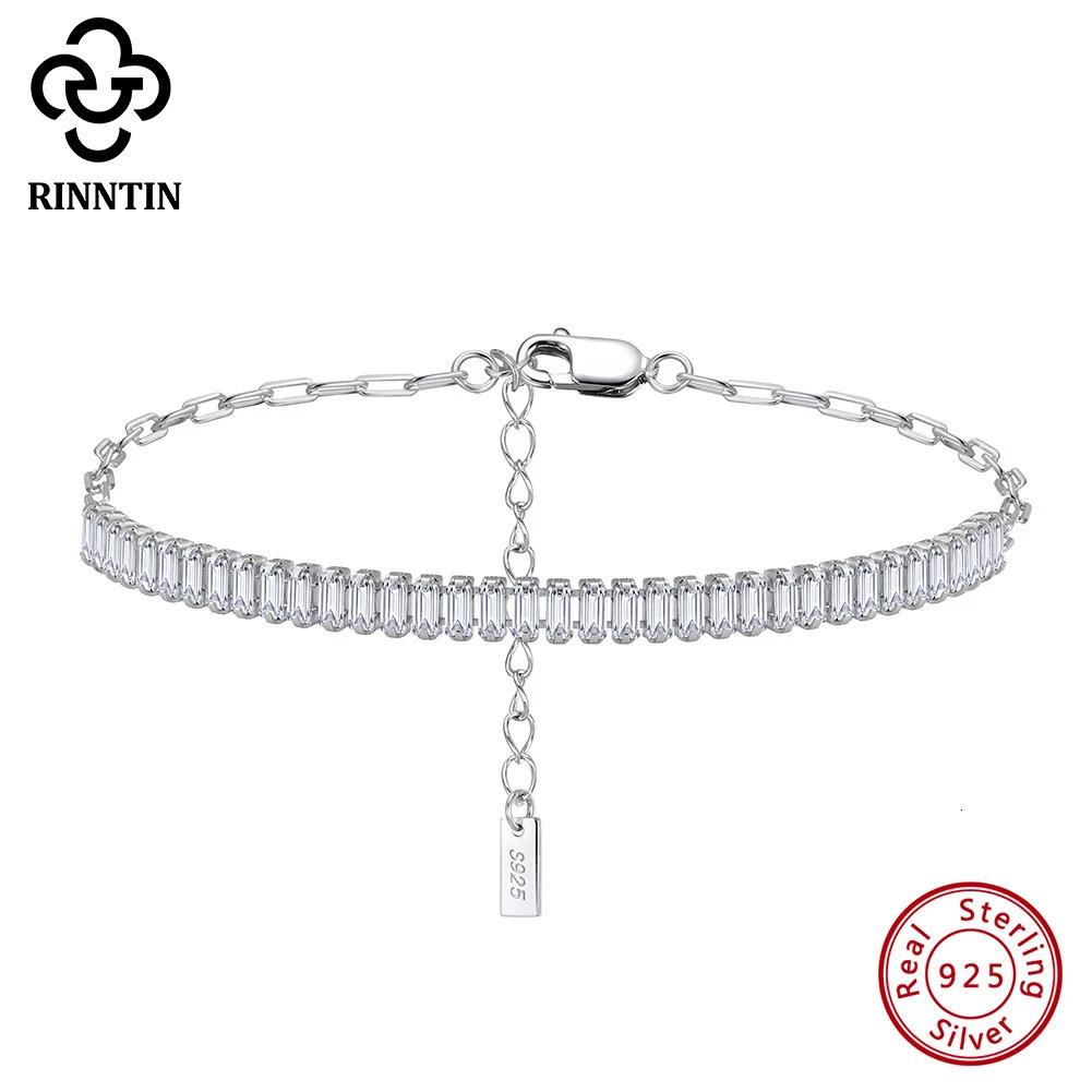 Description 925 Silver Sparkling 3mm Emerald Shape Womens Tennis Zircon Bracelet Original Charm Paperclip Bracelet SB215 250303