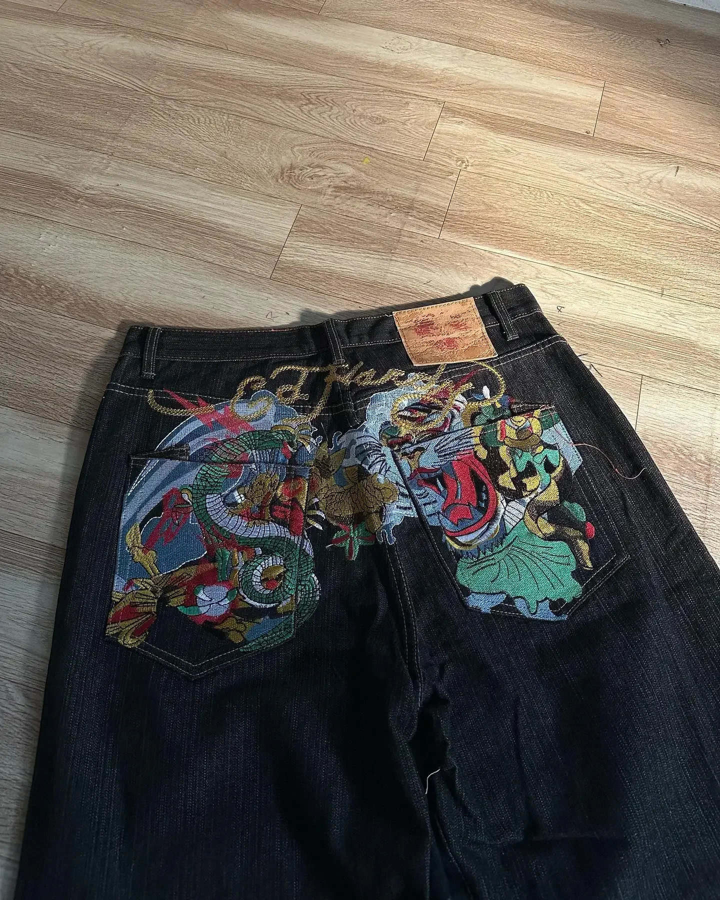 Y2k Trendy Vintage Men Baggy Denim Trousers Retro Aesthetic Pattern Embroidery Streetwear Wide Leg Loose Punk Denim Pants 250306